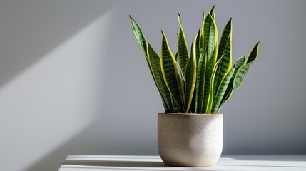  a close up of a plant in a pot on a window sill with a white wall in the background.