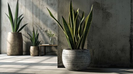  a group of potted plants sitting next to each other on a white tiled floor next to a concrete wall.