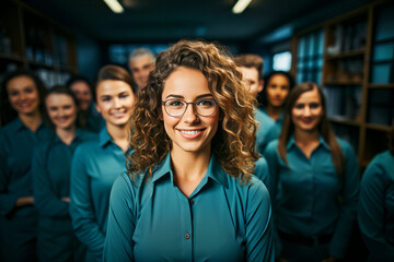 Fototapeta premium Diverse Team in Blue Attire Led by Empowered Woman