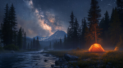 Tent camping under starry sky with milky way
