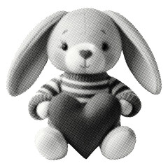 cute toy bunny in striped sweater holds heart isolated retro pop art halftone effect collage element for mixed media dotted texture - obrazy, fototapety, plakaty