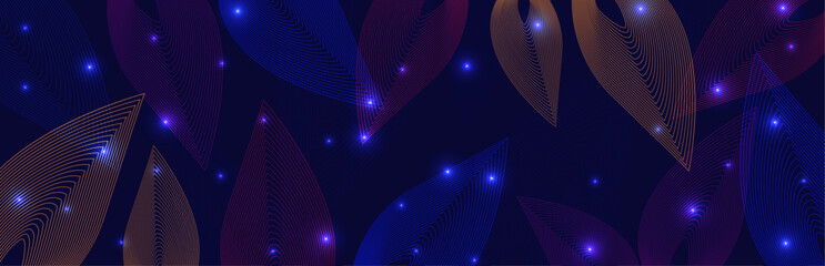 Abstract Dark Fantastic Vector Background with Colorful line art designs leaves.