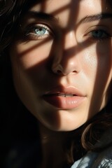 Portrait of a young woman with blue eyes and brown hair