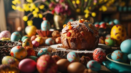  a loaf of bread sitting on top of a wooden table surrounded by colorfully painted eggs and a bouquet of flowers.