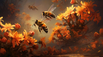 Graceful movements of bees as they navigate around the hive - obrazy, fototapety, plakaty