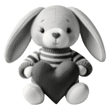 cute toy bunny in striped sweater holds heart isolated retro pop art halftone effect collage element for mixed media dotted texture