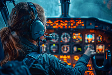 Fototapeta premium Over the Shoulder Of a Woman Pilot in the cockpit