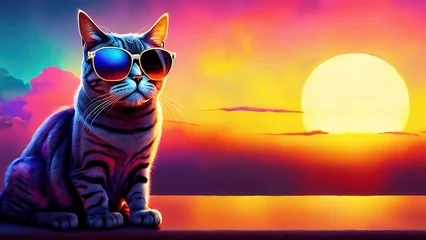 Tuinposter 4K funny cute cat wearing sunglasses with sunset in the background © Igor