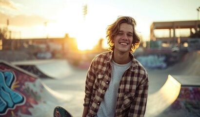 A cheerful young man with a skateboard in an urban skate park - obrazy, fototapety, plakaty