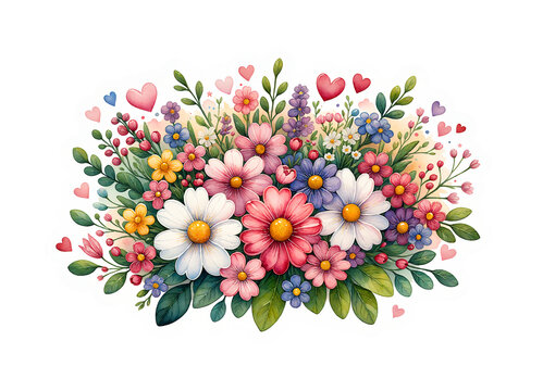 Garden flowers with hearts. Watercolor sticker design. Image for greeting card design for Valentine's Day or Mother's Day, for wedding invitations or anniversary cards. Print for home or nursery decor