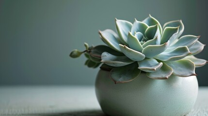  a close up of a small plant in a vase on a table with a light green wall in the background.