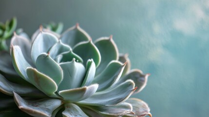  a close up of a succulent plant on a blue and green background with a blurry sky in the background.