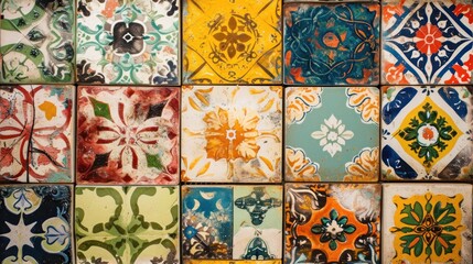 a close up of a bunch of tiles on a wall with different colors and shapes of tiles on each side of the wall.