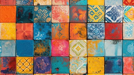  a close up of a multicolored tile wall with a pattern of different colors and designs on the tiles.