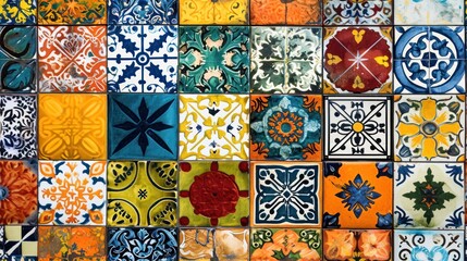  a close up of a wall made up of many different colors of ceramic tiles with a flower in the center.
