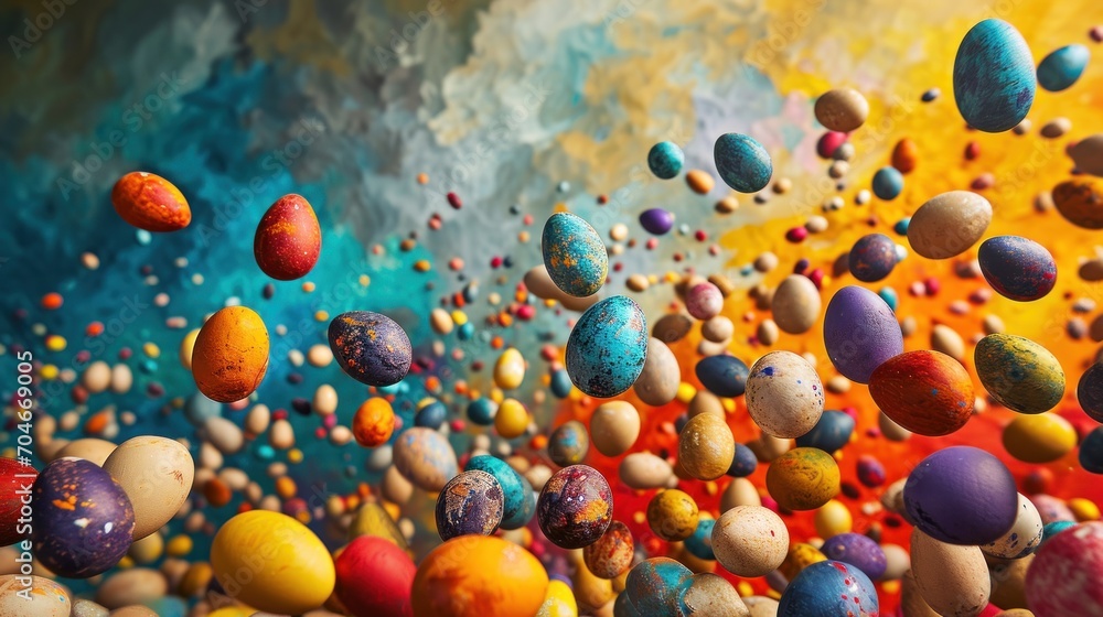 Wall mural  a group of colorful eggs floating in the air over a blue, yellow, red, and orange liquid filled wall.