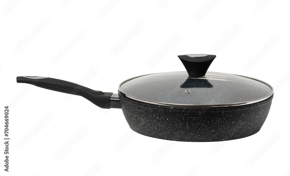 Poster empty black frying pan with non-stick lid on isolated background