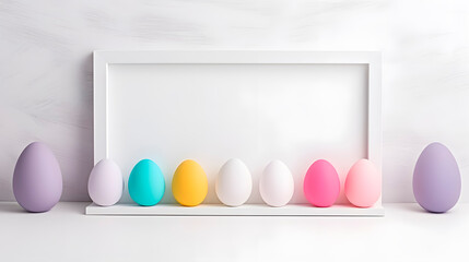 Fototapeta premium An empty white frame to place a text or messages surrounded by colored Easter eggs.