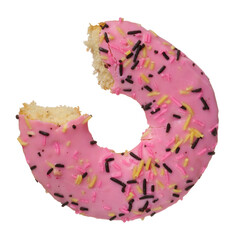 The donut is covered with pink glaze and sprinkled with colorful sprinkles, a piece is taken out.