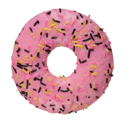Donut covered with pink glaze and sprinkled with colorful sprinkles on isolated background