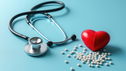 doctor's stethoscope and red heart and pill seeds on blue background thinking pharmacist day 