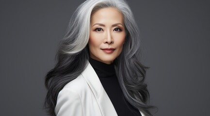 Elegant Asian businesswoman with grey hair - obrazy, fototapety, plakaty