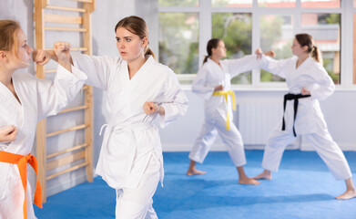 Teenagers girls in pairs exercising karate movements during group training