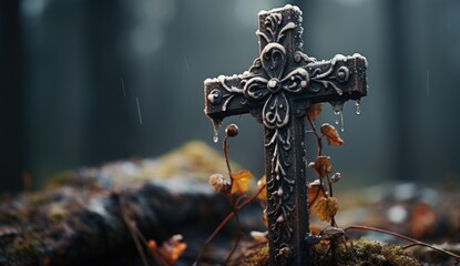 A metal cross, worn by time and covered in moss, stands as a testament to its long existence