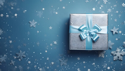 Silver gift box with blue ribbon on blue and snowflakes background. Top view. Copy space for text. Generative AI.
