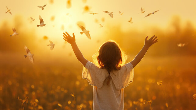 Girl Child with Hands Up During Sunset  Enjoying Nature and Flying Birds