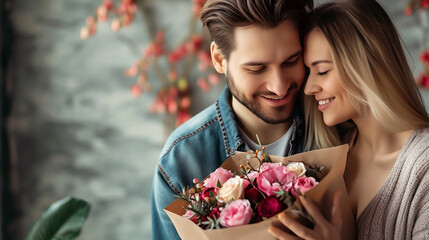 Beautiful inlove man and woman with flowers and gift box. Happy couple in Valentine's Day