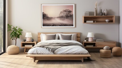 Fototapeta na wymiar Wooden bedframe in a minimalist bedroom with a landscape picture above it