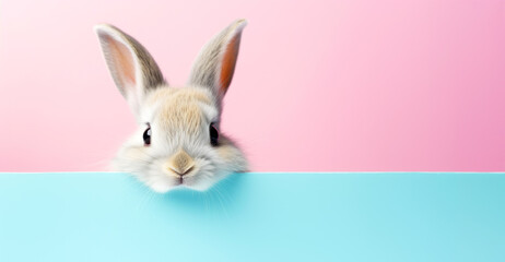 Easter Bunny Rabbit Looking Over Signboard on Pink and Blue Background Banner