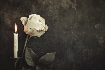 White Rose and Candle on Vintage Background Copy Space