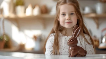 Fotobehang Close up of cute girl in the kitchen during breakfast, eating delicious chocolate rabbit. Happy Easter atmosphere. Celebrating spring holiday concept, with copy space. © BackgroundHolic