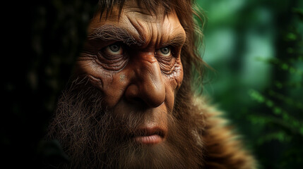 Portrait of a neanderthal man in the forest - obrazy, fototapety, plakaty