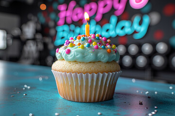 Słodki Trening Urodzinowy. Babeczka jako element fitnesowego świętowania, z kolorowym zdobieniem i napisem "Happy Birthday" w tle – połączenie smaku i aktywności.