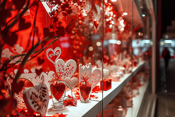 The shop window is festively decorated for Valentine's Day. Sales and promotions until Valentine's Day.