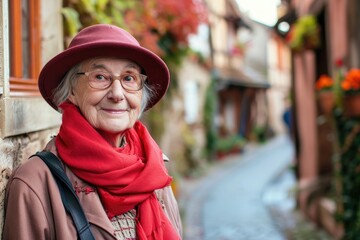 Portrait of a European elderly woman exploring a charming European village on a sunny day