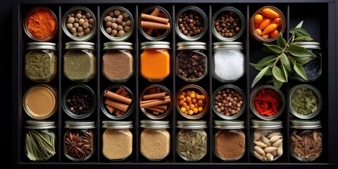 Contemporary kitchen counter with ingredients and organized spice drawers seen from above.