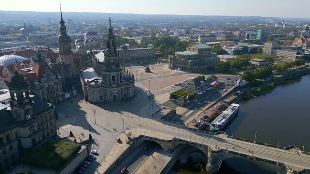 Zwinger, Opera Church at River City Dresden. Magic aerial top view flight drone