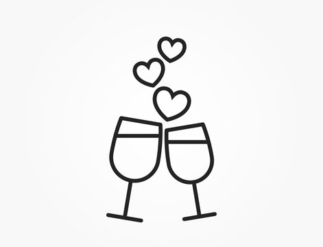 champagne glass with hearts line icon. love and romantic symbol. vector image for valentines day design