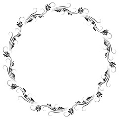 Floral round frame. Ornament with foliage in retro style isolated on white background.