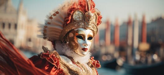 Venetian mask and costume at Venice Carnival with city backdrop. Traditional festival attire. Banner.