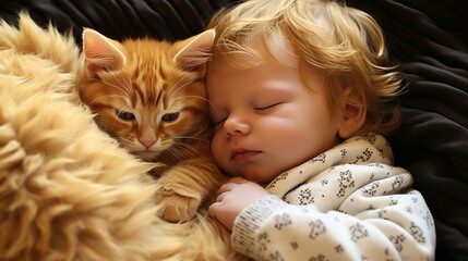 Sweet and endearing moment of a baby and a cat peacefully napping together in perfect harmony