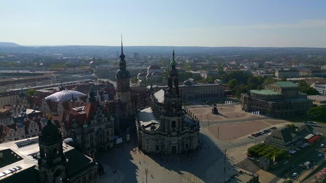 Zwinger, Opera Church at River City Dresden Perfect aerial top view flight drone