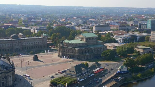 Zwinger, Opera Church at River City Dresden. Best aerial top view flight drone