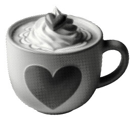 heart mug with coffee and whipped cream isolated retro grunge halftone dotted texture new year collage element for mixed media design