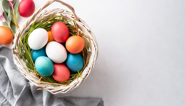Colorful dyed Easter eggs in woven wick basket. Pastel painted hard-boiled eggs for holiday Easter breakfast brunch or lunch with cute decorations for spring. Minimalistic Easter concept. 