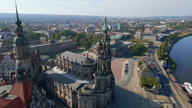 Zwinger, Opera Church at River City Dresden. Marvelous aerial view flight drone